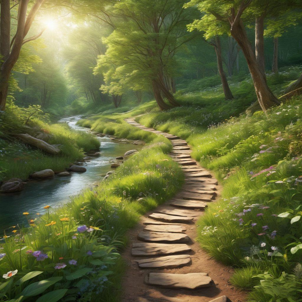 A serene landscape featuring a lush green forest with a winding path leading through it, hikers capturing moments with cameras, sunlight filtering through the leaves, a tranquil stream nearby. The scene evokes adventure and outdoor exploration, with vibrant wildflowers scattered along the path. super-realistic. vibrant colors. 3D.