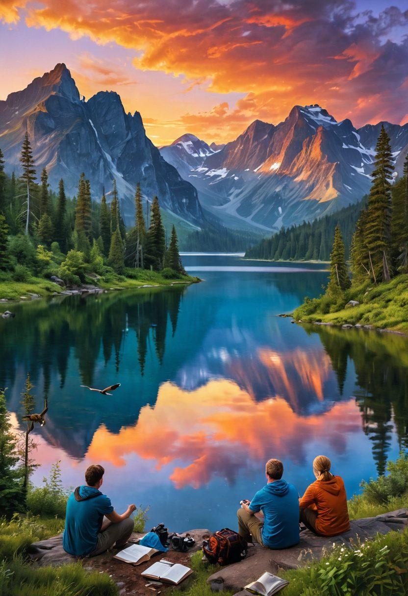 A breathtaking landscape showcasing a diverse array of scenic views including majestic mountains, a serene lake, and lush forests. In the foreground, a group of adventurers is interacting with wildlife, such as birds and deer, capturing their experiences with cameras and journals. The sky is filled with vibrant hues of sunset, adding warmth to the scene. Artistic style combines realism with a touch of whimsy, evoking a sense of adventure and exploration. super-realistic. vibrant colors. painting.