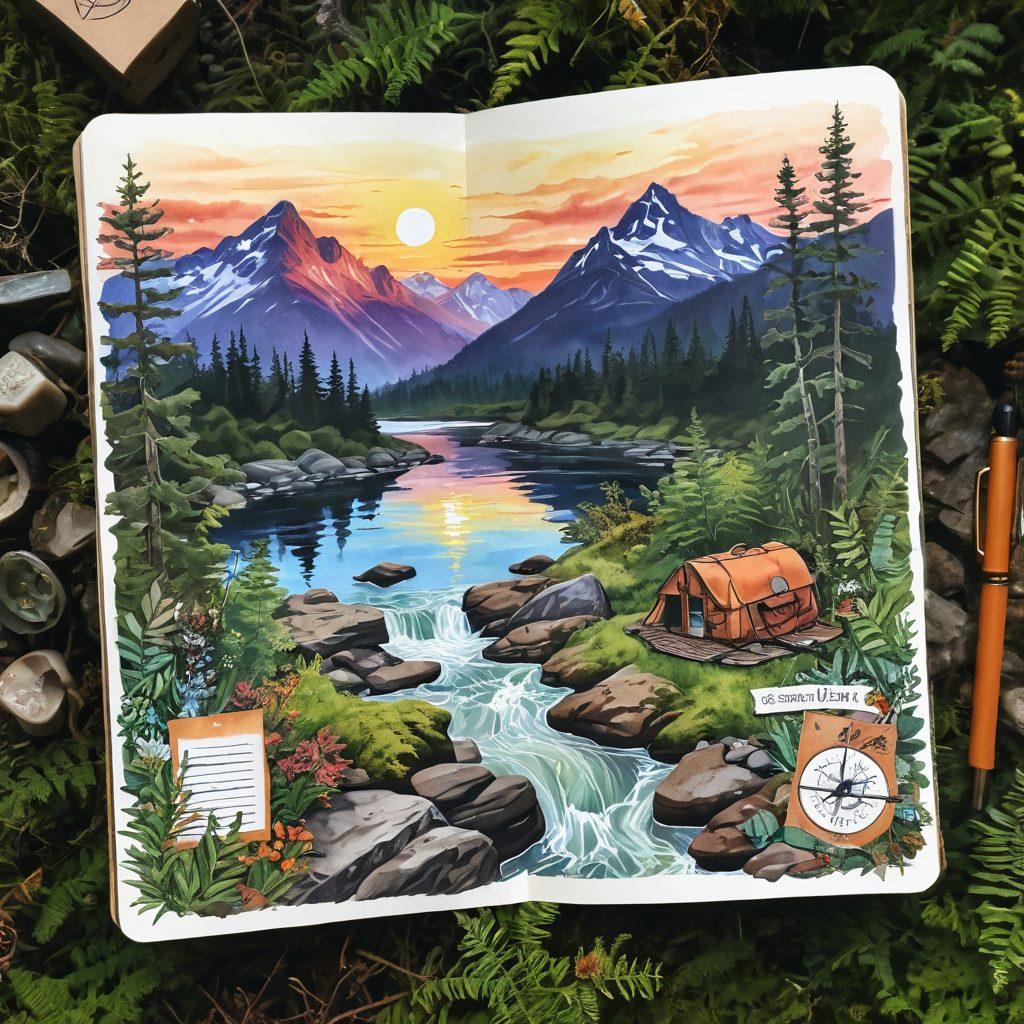 A beautifully illustrated outdoor journal spread open on a mossy rock, surrounded by lush greenery, with sketches of mountains, rivers, and wildlife. Include a compass and nature-themed stickers scattered around, with a breathtaking sunset in the background casting warm hues across the landscape. Capture a sense of tranquility and exploration. vibrant colors. painting. natural elements.